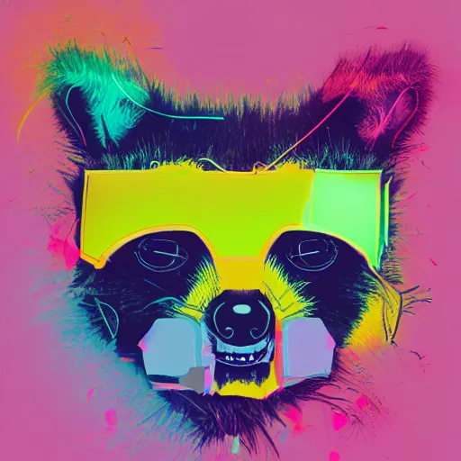 Image similar to illustration of cyberpunk raccoon in vr helmet, colorful splatters, by andy warhol and by zac retz and by kezie demessance