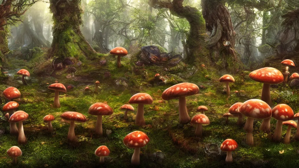 Prompt: mushroom forest, fantasy artwork, very very very beautiful scenery, hd, hdr, ue5, ue6, unreal engine 5, cinematic 4k wallpaper, 8k, ultra detailed, high resolution, artstation, award winning