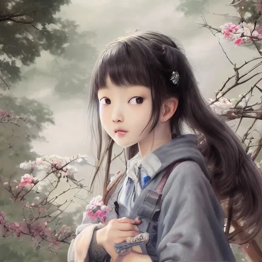 Image similar to dynamic composition, motion, ultra-detailed, incredibly detailed, a lot of details, amazing fine details and brush strokes, colorful and grayish palette, smooth, HD semirealistic anime CG concept art digital painting, watercolor oil painting of a Japanese schoolgirl, by a Chinese artist at ArtStation, by Huang Guangjian, Fenghua Zhong, Ruan Jia, Xin Jin and Wei Chang. Realistic artwork of a Chinese videogame, gradients, gentle an harmonic grayish colors.