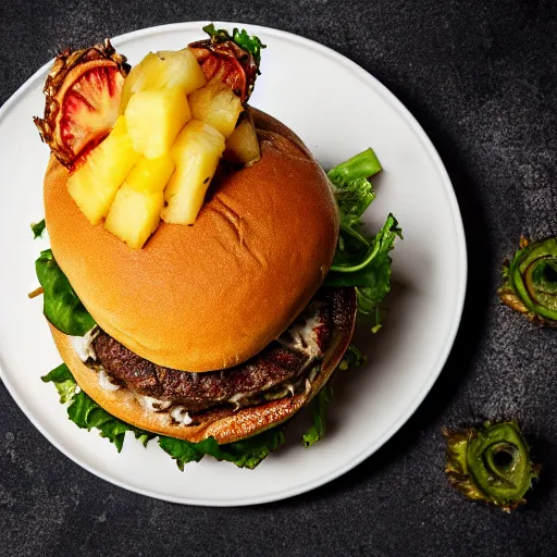 Image similar to juicy hamburger with crispy buns topped with pineapple, 8 k resolution, food photography, studio lighting, sharp focus, hyper - detailed