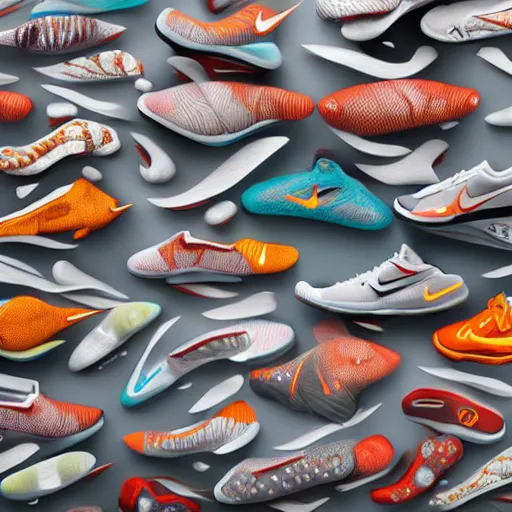 Image similar to fish shaped nike sneakers, highly detailed, rim light, cinematic lighting, illustration, art, octane render, very coherent, cinematic, hyper realism, high detail, octane render