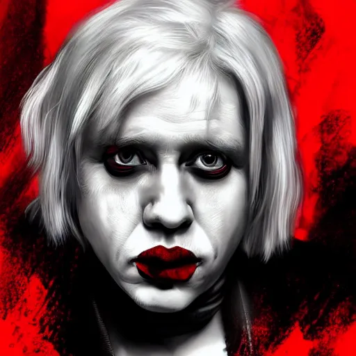 Prompt: Boris Johnson as Harley Quinn, highly detailed, digital painting, artstation, concept art, smooth, sharp focus, illustration, art by yoji shinakawa and frank miller, black and white, red