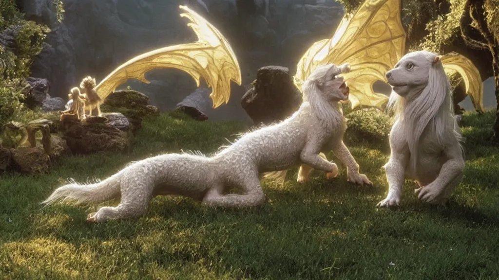 Image similar to falcor the luck dragon. the neverending story movie. sunlit undertones. wolfgang peterson. 3 8 4 0. 2 1 6 0.