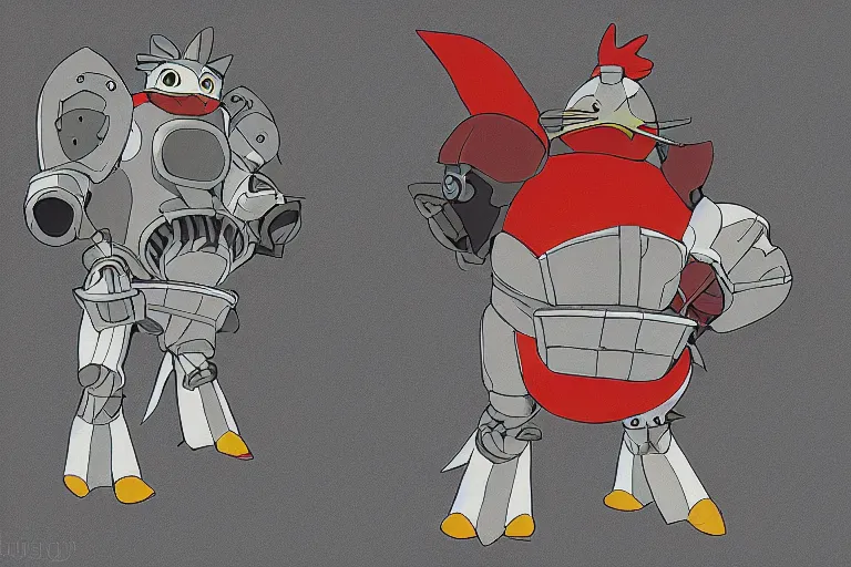 Image similar to heavily armoured mechanical chicken by studio ghibli