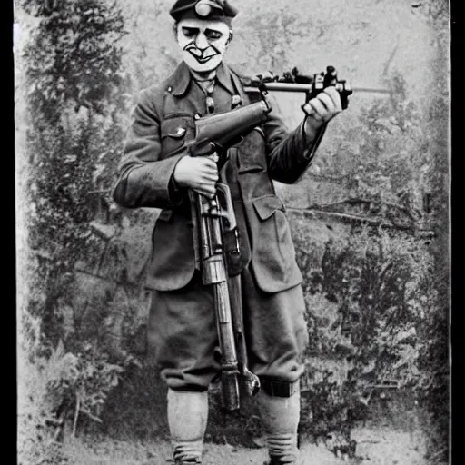 Image similar to old wartime photograph of the joker holding a lewis gun, 1 9 1 7