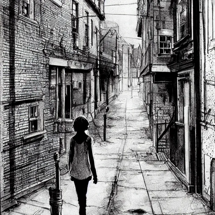 Prompt: sadie sink in dirty work clothes : walks alone in a long street between irish working - class terraced houses. : empty streets, dirty, polluted. technique : black and white pencil and ink. by gabriel hardman, joe alves, chris bonura. cinematic atmosphere, detailed and intricate, perfect anatomy