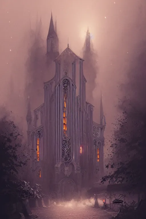 Image similar to illustration of close - up street view of gothic pipe organ, night, smoke, ground fog, by peter mohrbacher, by alex andreev, by jacek yerka, large depth of field, super detailed, digital art, trending on artstation, minimalism