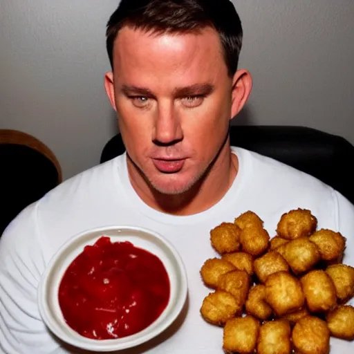 Image similar to channing tatum's face as tater tot on a plate with ketchup