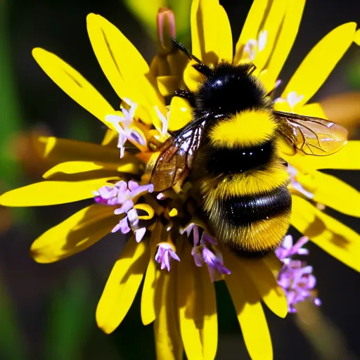 Prompt: a macro shot of a bumble bee pollinating a flower