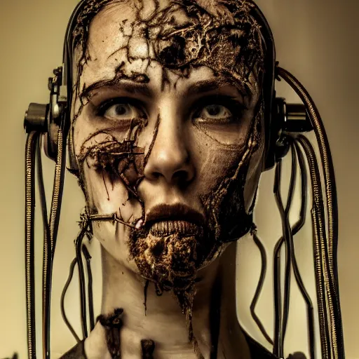 Image similar to a dark cyberpunk dream of wires broken skulls skin and decay, moody, hyperrealism, 8 k photo, atmospheric