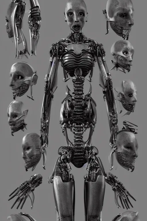 Image similar to septum nose piercing!! cyborg female with gunmetal grey skin, medical anatomy, paneled face, highly detailed, mecha, mechanical implants, three - perspective / three - view reference sheet ( front / back / side ), in the style of dan ouellette, dren from splice, hr giger, sil from species, artstation, unreal engine