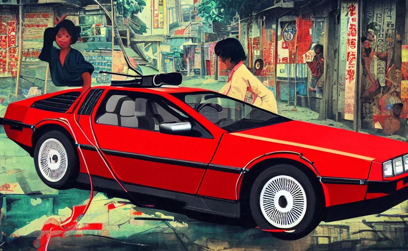 Image similar to a red delorean in ajegunle slum of lagos - nigeria, painting by hsiao - ron cheng, utagawa kunisada & salvador dali, magazine collage style,