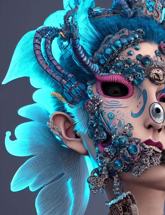 Image similar to 3 d goddess close - up profile portrait punk with mohawk with ram skull. beautiful intricately detailed japanese crow kitsune mask and clasical japanese kimono. betta fish, jellyfish phoenix, bio luminescent, plasma, ice, water, wind, creature, artwork by tooth wu and wlop and beeple and greg rutkowski