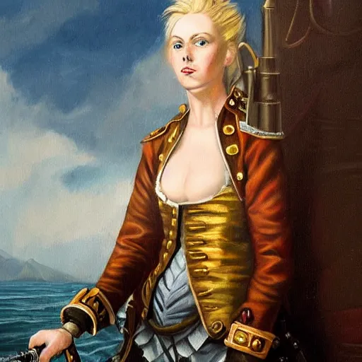 Prompt: a fierce, beautiful, friendly, calm, blonde, well - dressed, steampunk, covered, armed, pirate captain, standing on the deck of her ship gazing at the horizon through a spyglass ready for battle in 1 7 3 0, detailed award - winning time - less painting