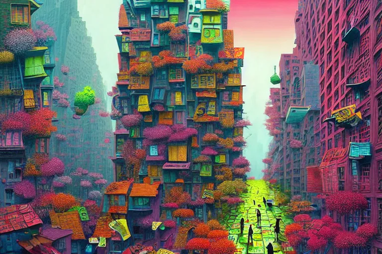 Image similar to surreal glimpse into other universe, new york, summer morning, very coherent and colorful high contrast, art by!!!! gediminas pranckevicius!!!!, geof darrow, floralpunk screen printing woodblock, dark shadows, hard lighting, stipple brush technique,