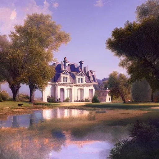 Image similar to a large serene beautiful matte painting of a quaint french country mansion, by asher brown durand and greg rutkowski, featured on artstation, blue and orange color scheme