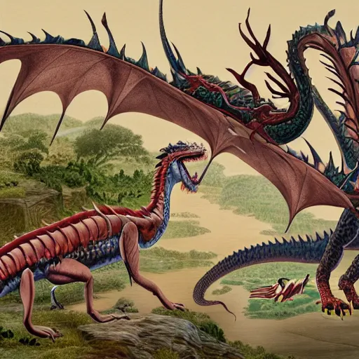 Image similar to scientific illistration of a species of dragon showing an examples of a males and female of each the species, biological illustrations, art by john james audubon robert stebbins and terryl whitlatch and david sibley and charles darwin, highly detailed, intricately detailed, 8 k, trending on artstation