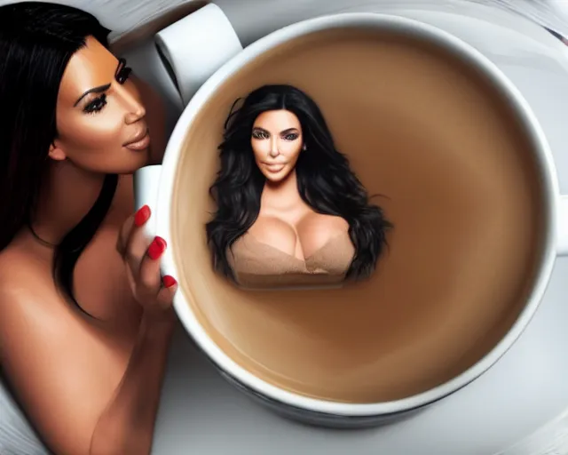 Image similar to Kim Kardashian inside a giant cup of coffee, cinematic, highly detailed, HD, 4K, professional image, professional lighting