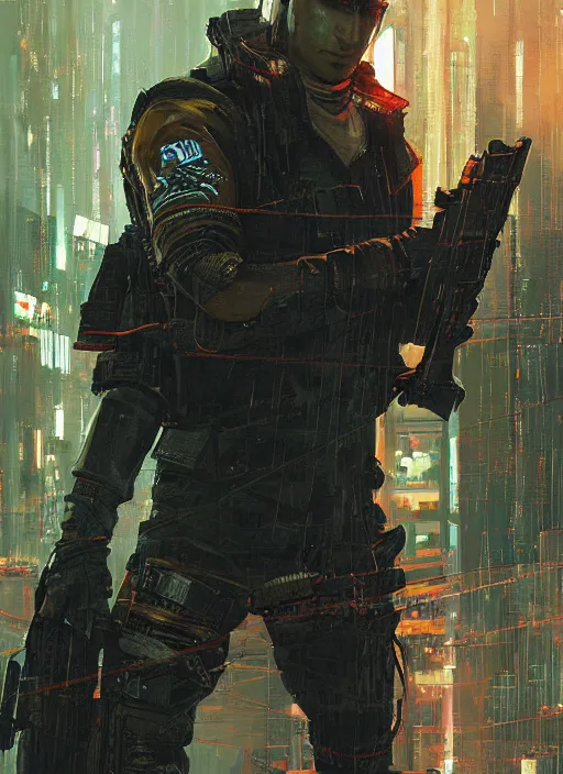 Image similar to Ezra. Cyberpunk mercenary in tactical gear scaling a security fence. rb6s, (Cyberpunk 2077), blade runner 2049, (matrix) Concept art by James Gurney, Craig Mullins and Alphonso Mucha. painting with Vivid color.