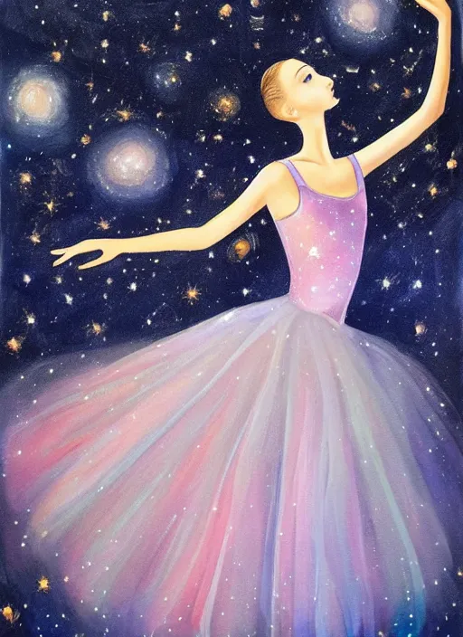 Image similar to ballerina in a dress looking at a starry sky, galaxy, beautiful, painting, highly detailed, soft light