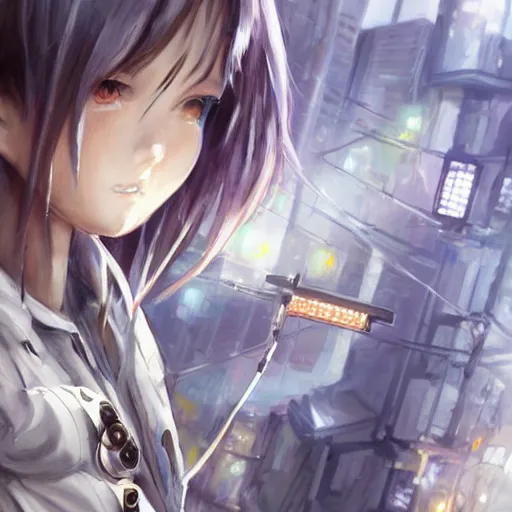 Image similar to dynamic composition, motion, ultra-detailed, incredibly detailed, a lot of details, amazing fine details and brush strokes, colorful and grayish palette, smooth, HD semirealistic anime CG concept art digital painting, watercolor oil painting of Clean and detailed post-cyberpunk sci-fi close-up schoolgirl in asian city in style of cytus and deemo, blue flame, relaxing, calm and mysterious vibes,, by a Chinese artist at ArtStation, by Huang Guangjian, Fenghua Zhong, Ruan Jia, Xin Jin and Wei Chang. Realistic artwork of a Chinese videogame, gradients, gentle an harmonic grayish colors. set in half-life 2, Matrix, GITS, Blade Runner, Neotokyo Source, Syndicate(2012), dynamic composition, beautiful with eerie vibes, very inspirational, very stylish, with gradients, surrealistic, dystopia, postapocalyptic vibes, depth of field, mist, rich cinematic atmosphere, perfect digital art, mystical journey in strange world