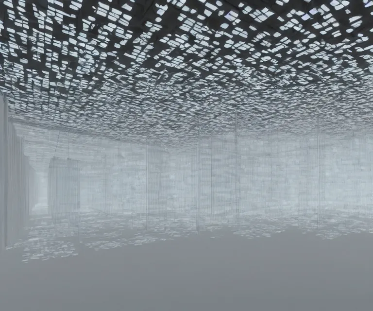 Prompt: still from a film : floating vr interface with depth of field, a minimalist transparent space station tunnel network, vertical panels upon panels stacking floating leaves into the distance, vertically floating panels & soft white marble tablets displaying zooming interfaces and long scrolls and blurry misty glowing floating computer panels