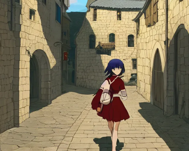 Image similar to anime still frame of a young female walking through a medieval village, dynamic pose, dynamic perspective, detailed silhouette, cel shaded, minimalist, simple, ilya kuvshinov face style