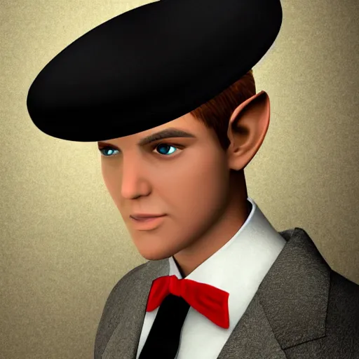 Image similar to an elf in a suit, gatsby hat, detailed portrain, hd, 4 k