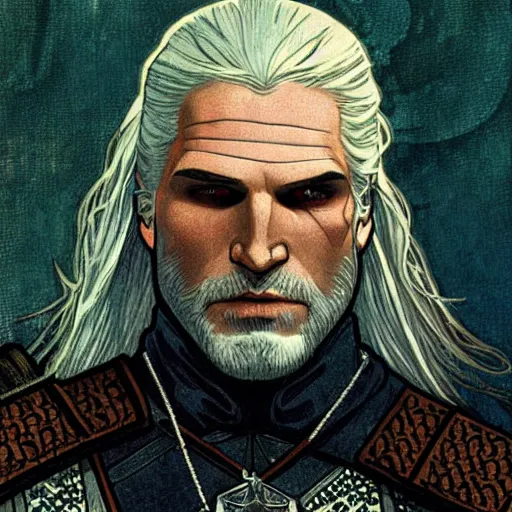 Prompt: Geralt form witcher by mucha