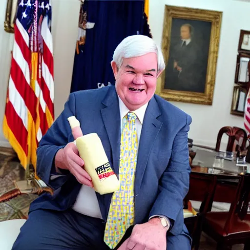 Prompt: Newt Gingrich smiling holding a stick of butter. Image credit the White House