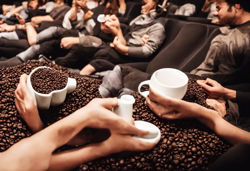 Prompt: coffee beans watching a movie in the cinema