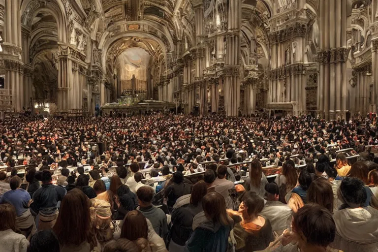 Prompt: huge crowd listens to a hermeneutic pipe organ concert in a vast basilica, matte painting, scenic full shot, ambient lighting, by makoto shinkai, artgerm, oil painting by caravaggio and goya