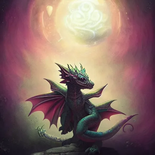 Image similar to a hyperrealistic illustration of a cute and tiny dragon that glows in the dark, dragon baby, glow in the dark, fractal moonlight, little dragon with glowing scales, award - winning, masterpiece, in the style of tom bagshaw, cedric peyravernay, peter mohrbacher