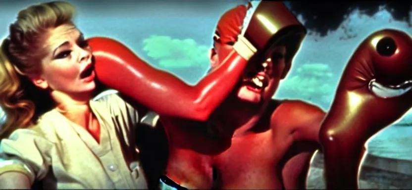 Image similar to a beautiful woman punching a monster in a film still from a roger corman film, hyperrealistic