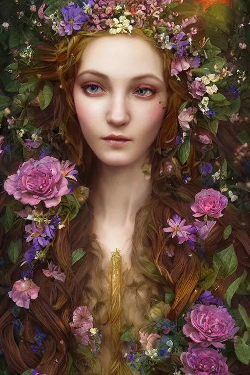 Image similar to a portrait of a beautiful elvish goddess with beautiful flowers composition in her hairs, hairs shining , fairy-like , 8k, highly detailed, sharp focus, ethereal clothes, astral environment, in style of Anna Dittmann and Mark Arial and Artgerm and Gerald Brom