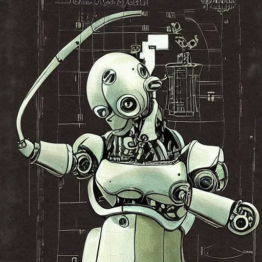 Image similar to a fullmetal wired robot is reading the intimate diary of sophia aeon, by dave mckean