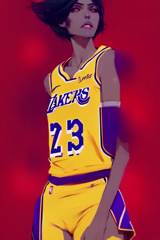 Image similar to a ultradetailed beautiful panting of a stylish woman in a lakers jersey, by conrad roset, greg rutkowski and makoto shinkai, trending on artstation