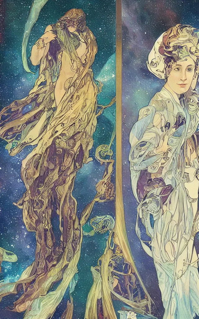 Image similar to Carl Sagan cosmic nebulae, by tomer hasuka and by alphonse mucha.