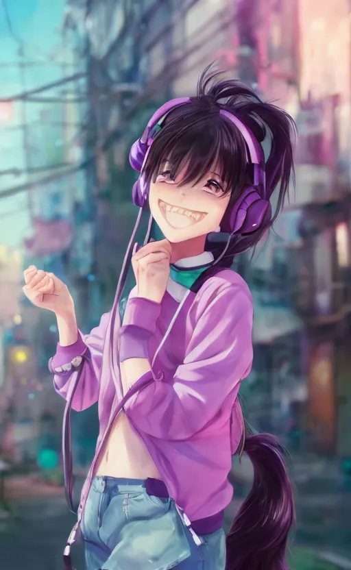 Image similar to anime girl with pink ponytail, wearing purple headphones, wearing a green sweater, with a smile on her face and her eyes closed, walking down a street, dynamic lighting, photorealistic fantasy concept art, trending on art station, very detailed, anime concept art, stunning visuals, creative, cinematic, ultra detailed