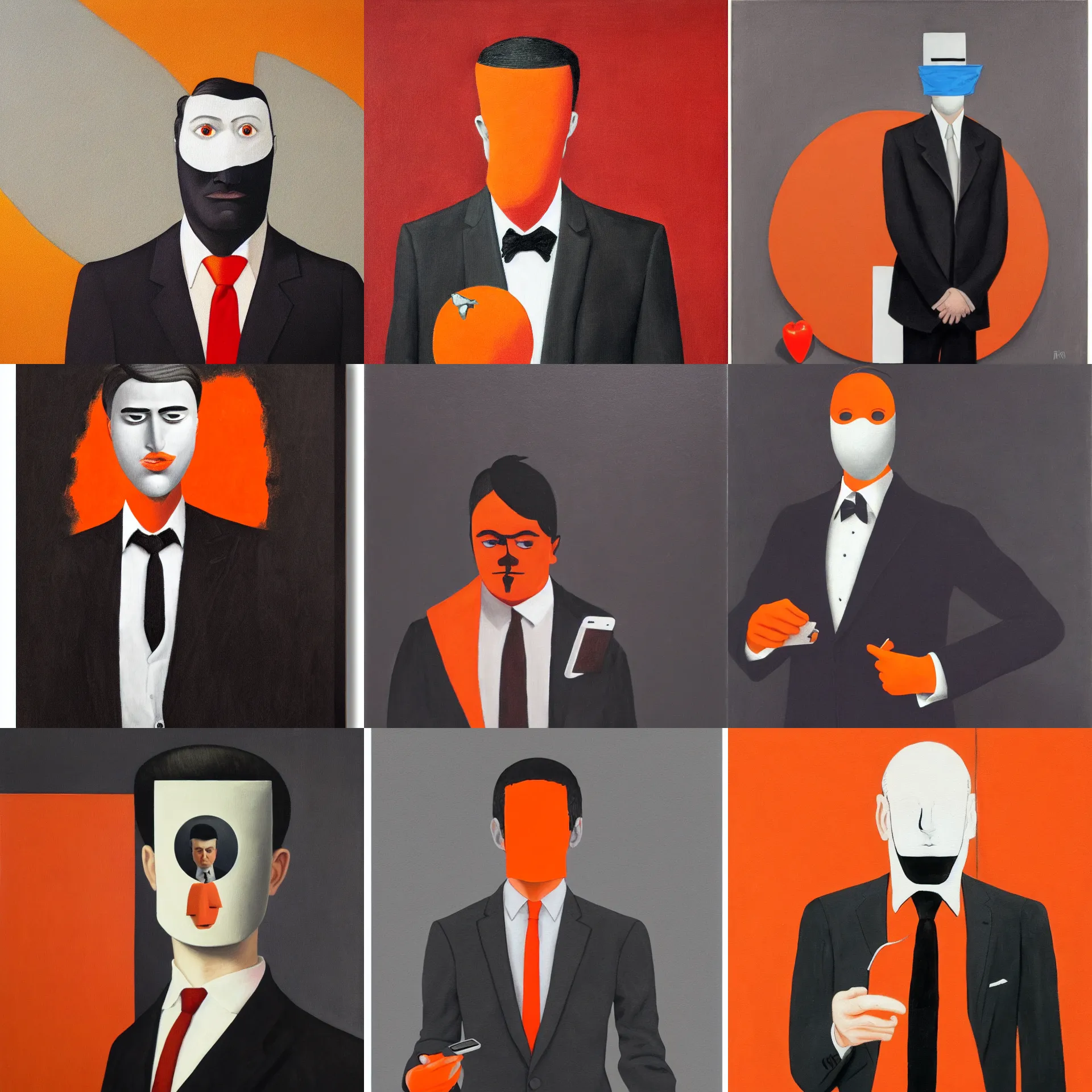 Prompt: front view portrait of a man with a phone replacing his face, wearing dark grey suit, white shirt, red tie, black pants, in front of an orange background, inspired by the son of man painted by rene magritte