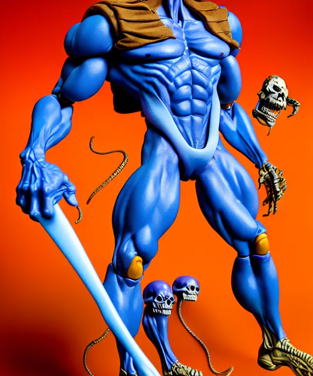 Image similar to hyperrealistic rendering, skeletor, by art of skinner and richard corben and jeff easley, product photography, action figure, sofubi, studio lighting, colored gels