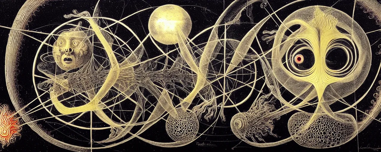 Image similar to a strange creature with endearing eyes radiates a unique canto'as above so below'while being ignited by the spirit of haeckel and robert fludd, breakthrough is iminent, glory be to the magic within, in honor of saturn, painted by ronny khalil