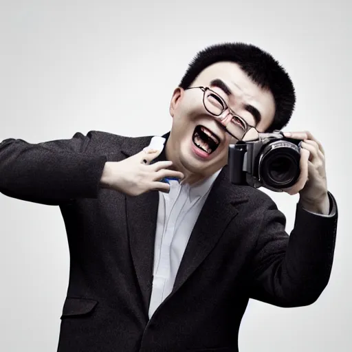 Image similar to Digital art of portrait of a Chinese man, holding a DSLR camera, excited facial expression, head-and-shoulders shot, white background, cute Pixar character, houdini 3D render