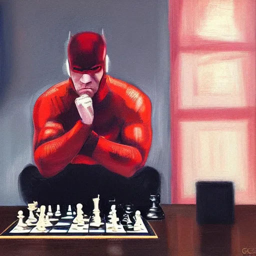 Image similar to painting of daredevil pondering next to a chess set, octane, painting by greg ruthowski, artstation, marvel