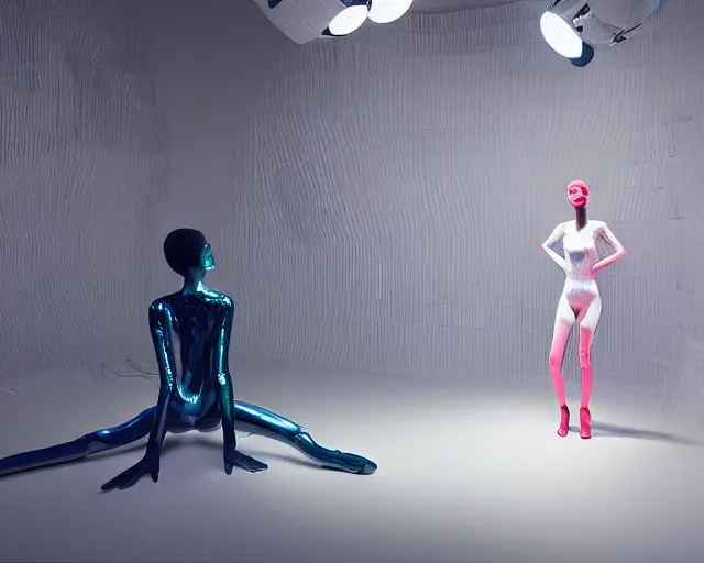 Image similar to portrait of a transforming model wearing futuristic bodysuit doing poses on a rotating platform in a photography studio surrounded by lights by james jean and luc tuymans and beeple and hernan bas and pat steir and hilma af klint, psychological, 3 d, dripping paint, high quality render, masterpiece