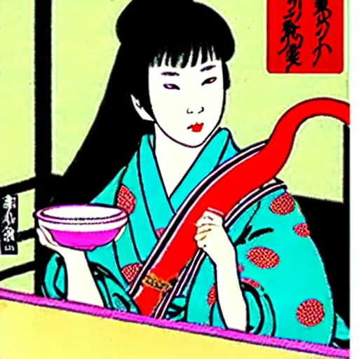 Image similar to Beautiful Japanese woman drinking tea with a snake by Toshio Saeki ultra high detailed