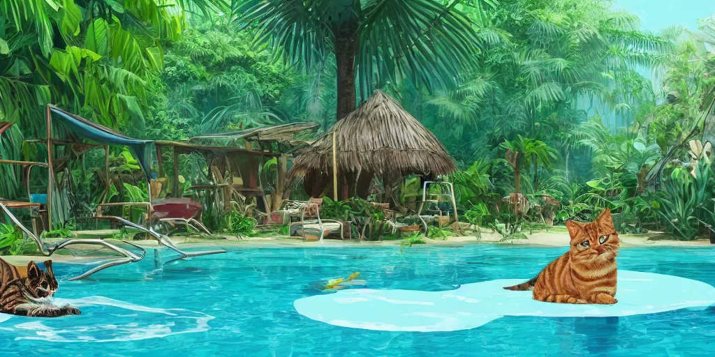 Image similar to swimming pool in the middle of the jungle a 'cat and a dog superdetailed' , empty beach chair , highly detailed, digital painting, artstation, concept art