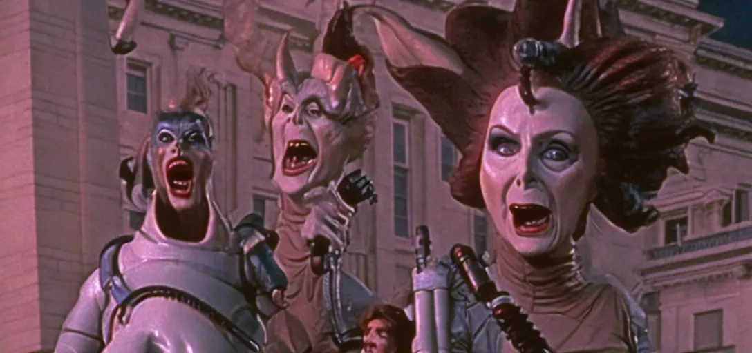 Image similar to film still of nancy pelosi as zuul in ghostbusters. on top of building with gargoyles at her side.