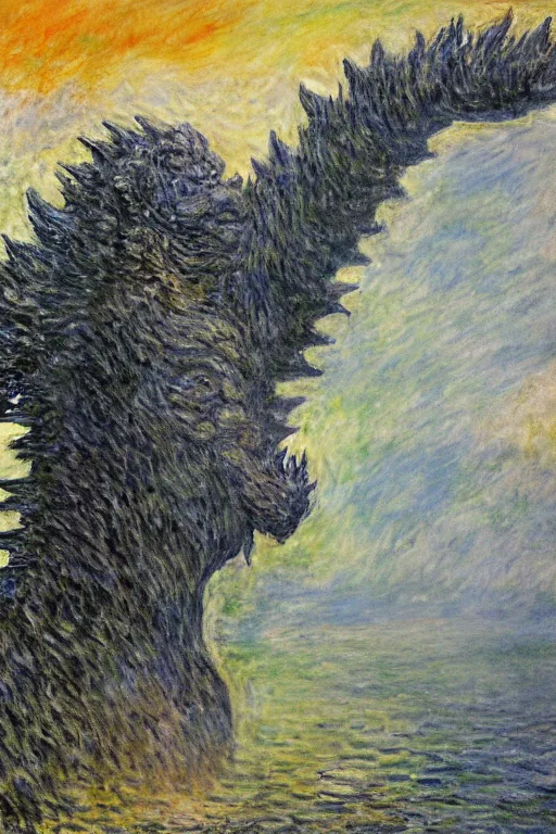 Image similar to portrait of shinzo abe as Godzilla painting by claude monet