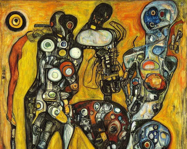 Image similar to a painting of a aliens and robots by graham sutherland, egon schiele, gustav klimt, expressionism